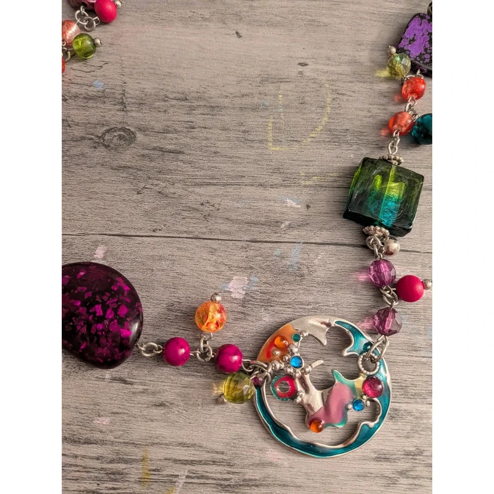 Boho Multi Color Mixed Media Bead Statement Necklace Silver Tone Enamel Pendant